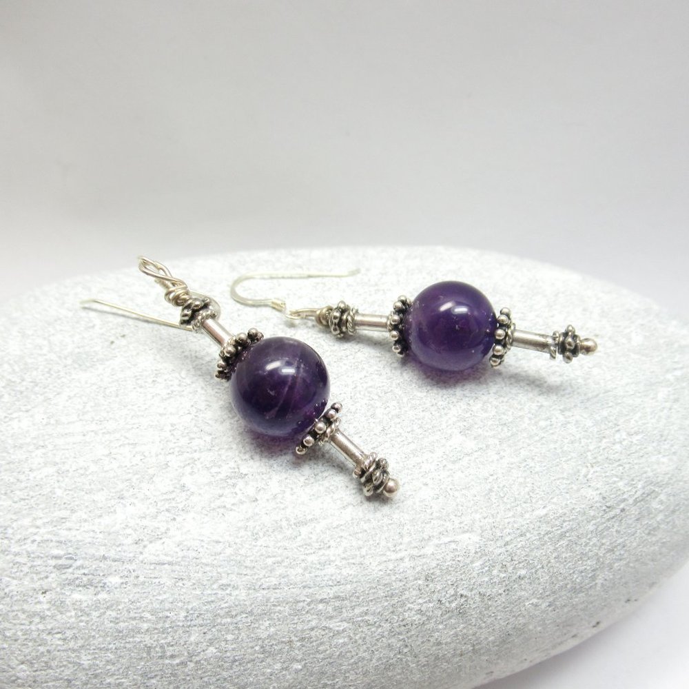 Amethyst and vintage Bali bead earrings